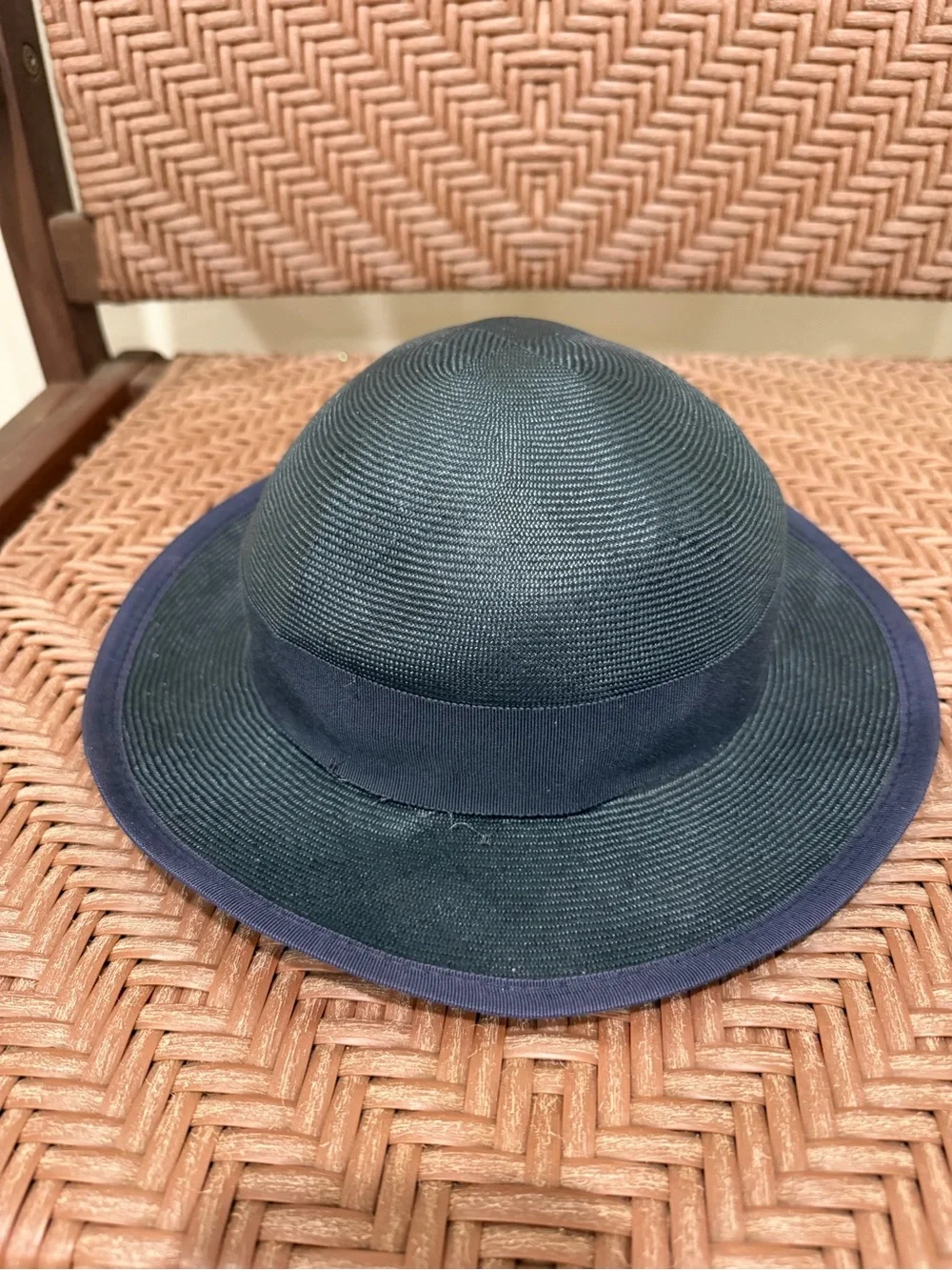 Vintage Women's Navy Straw Sun Hat with Ribbon Bow